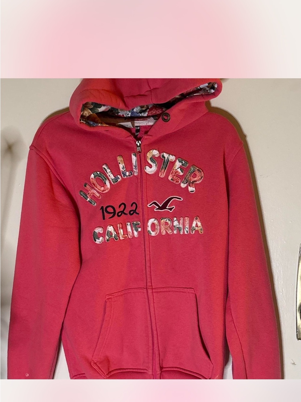 Hollister Girls' Bright Pink Floral-Lined Zip Hoodie